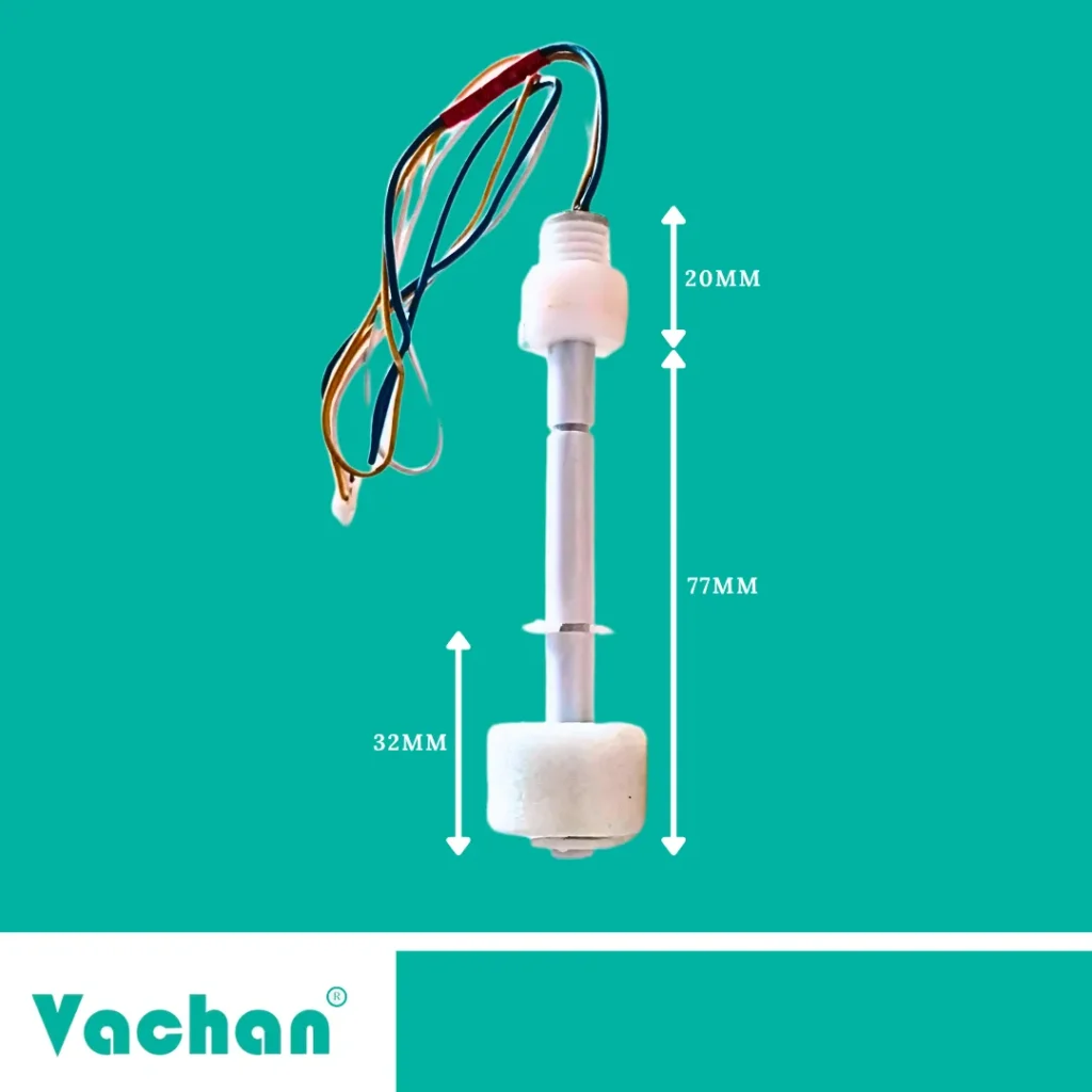VFS 106 Float Sensor dimensions showing a compact vertical design with approximately 77 mm sensing length, 20 mm upper section, and 32 mm float diameter for efficient liquid level monitoring. Designed for vertical installation inside water storage tanks, overhead tanks, underground reservoirs, RO systems, industrial tanks, chemical storage tanks, and pump automation systems. This compact float switch is commonly used as a water level sensor, liquid level sensor, tank level sensor, vertical float switch, reed switch float sensor, automatic water level controller, PP float sensor, industrial float switch, reservoir level sensor, and automatic tank monitoring solution requiring precise and reliable liquid level detection.
