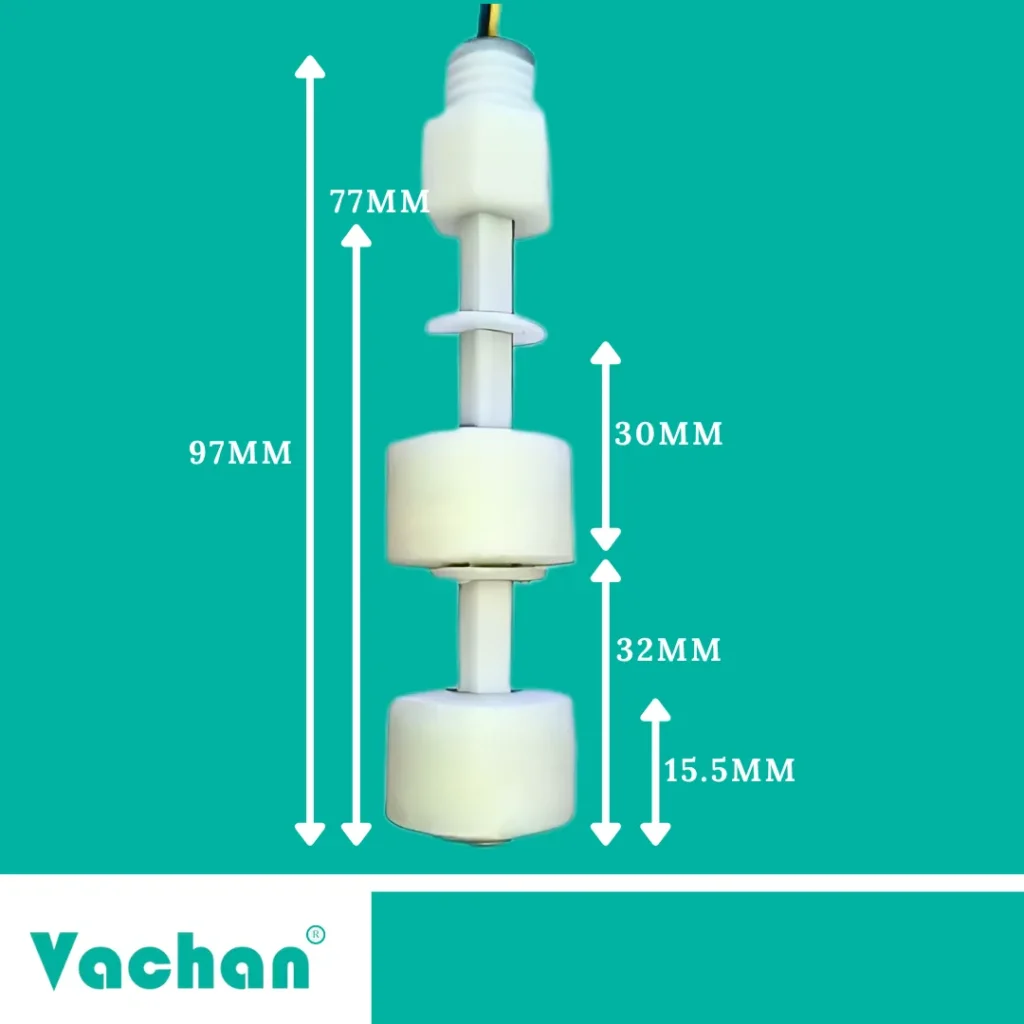 VFS 107 Dual Float Sensor dimensions showing a compact vertical design with approximately 97 mm overall length, 77 mm sensing section, 30 mm upper float, and 32 mm lower float dimensions for accurate dual liquid level monitoring. Designed for easy installation inside water storage tanks, overhead tanks, underground reservoirs, RO systems, industrial process tanks, chemical storage tanks, and pump automation systems. This compact dual float switch is commonly used as a water level sensor, float sensor, liquid level sensor, tank level sensor, automatic water level controller, reed switch float sensor, PP float switch, industrial float switch, vertical float sensor, and reservoir level monitoring device for precise multi-level liquid sensing.