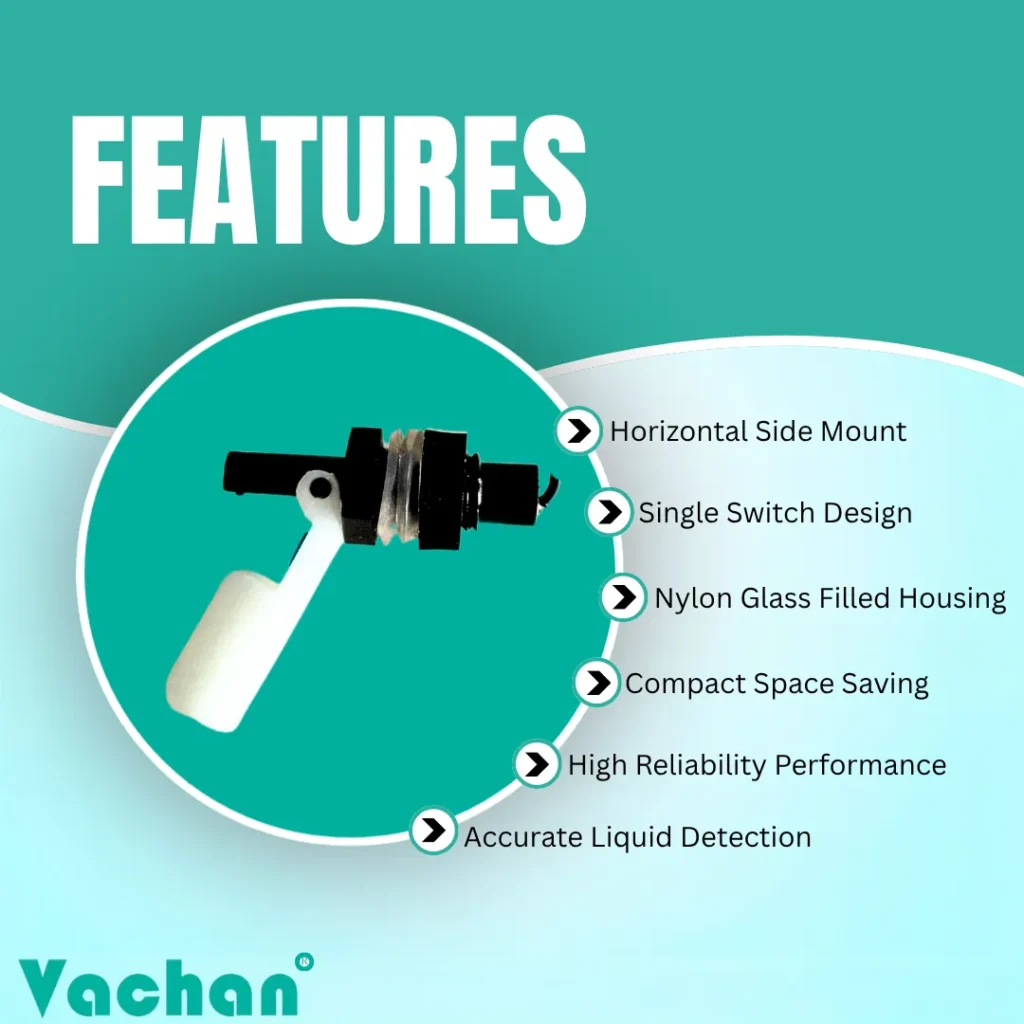 VFS 108 side mount float sensor featuring horizontal side mounting, single switch design, nylon glass filled housing, compact space-saving construction, high reliability performance, and accurate liquid level detection. Designed for automatic water level control, industrial liquid level monitoring, coolant reservoirs, side mounted water tanks, RO systems, chemical storage tanks, automation panels, and industrial process equipment. This horizontal float switch is widely used as a float sensor, water level sensor, liquid level sensor, tank level sensor, water tank float switch, side mount float switch, horizontal float switch, reed switch float sensor, industrial float switch, nylon float switch, liquid level controller, and pump automation sensor for reliable maintenance-free liquid level sensing.