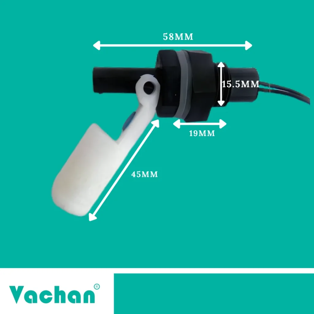 VFS 108 side mount float sensor dimensions showing a compact horizontal design with approximately 58 mm overall length, 45 mm float arm, 19 mm mounting section, and 15.5 mm threaded connection for convenient installation inside side mounted tanks and liquid containers. Designed for accurate liquid level monitoring in water storage tanks, chemical tanks, industrial process tanks, RO systems, coolant reservoirs, and pump control systems. This compact horizontal float switch is commonly searched as a side mount float switch, float sensor, water level sensor, tank level sensor, liquid level sensor, industrial float switch, nylon float switch, automatic water level controller, reed switch float sensor, and reservoir level monitoring device.