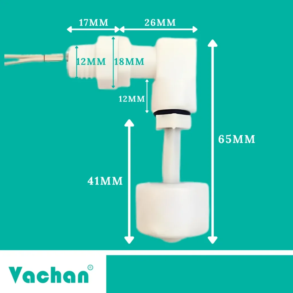 VFS 109 side wall float sensor dimensions showing a compact mounting design with approximately 65 mm overall height, 41 mm float section, 26 mm housing length, 17 mm threaded portion, 18 mm mounting diameter, and 12 mm stem dimensions for convenient installation inside side wall tanks and industrial liquid containers. This side wall mounted float switch is designed for accurate liquid level monitoring in water storage tanks, chemical tanks, RO systems, industrial process equipment, and automatic pump control applications. Frequently searched as a float sensor, water level sensor, side mount float switch, tank level sensor, liquid level sensor, industrial float switch, polypropylene float switch, reed switch float sensor, and water tank level controller.
