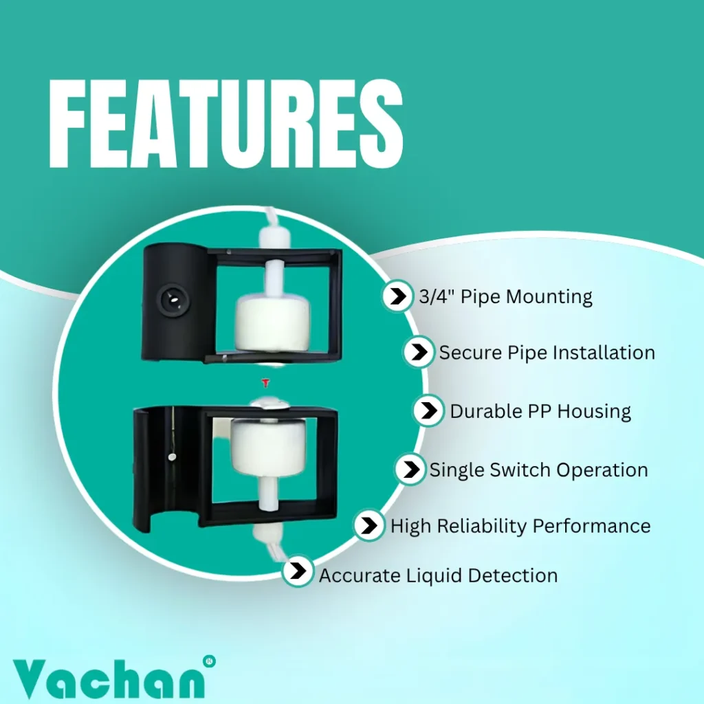 VFS 110 pipe mount float sensor featuring 3/4 inch pipe mounting, secure pipe installation, durable polypropylene housing, single switch operation, accurate liquid detection, and high reliability performance for dependable water level monitoring. Designed for automatic pump control, tank overflow prevention, liquid level automation, industrial process control, RO systems, water storage tanks, chemical storage tanks, and cooling water systems. This float switch is widely searched as a float sensor, water level sensor, pipe mount float switch, 3/4 inch float switch, water tank float switch, industrial float switch, polypropylene float switch, reed switch float sensor, liquid level controller, pump control float switch, automatic water level controller, and tank level sensor for industrial and commercial automation.