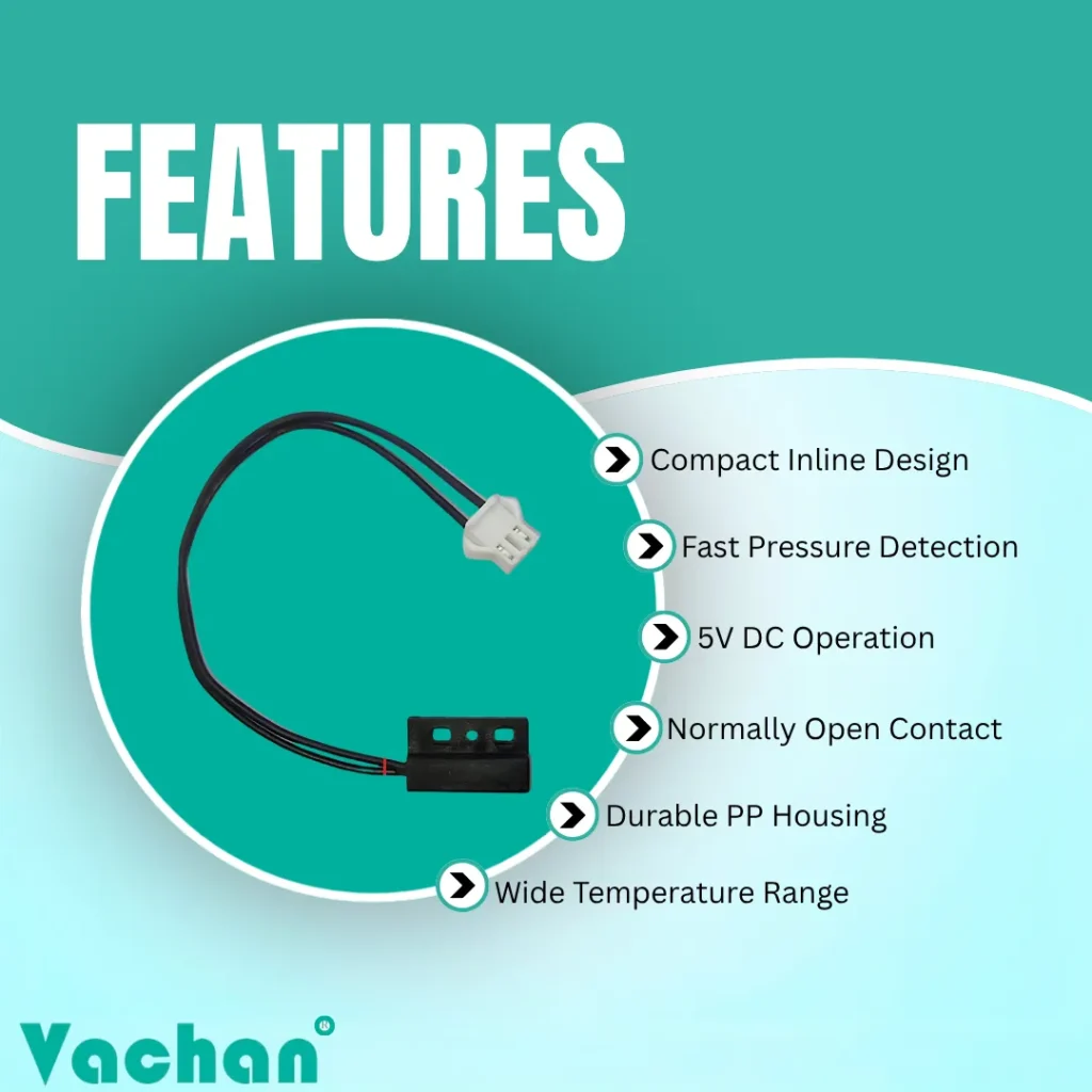 VFS 114 Flow Sensor featuring a compact inline design, fast pressure detection, 5V DC operation, normally open contact, durable polypropylene housing, and a wide operating temperature range. This magnetic flow sensor provides dependable water flow detection for gas geysers, tankless water heaters, heating control systems, and pressure monitoring equipment. The sensor is engineered for long service life and reliable switching performance in OEM appliances and automatic water control systems. Popular Google search keywords include water flow sensor, inline flow switch, gas geyser flow sensor, magnetic flow sensor, pressure detection sensor, reed switch sensor, liquid flow switch, water heater sensor, automatic flow sensor, flow detection switch, OEM flow sensor, and water circulation sensor.