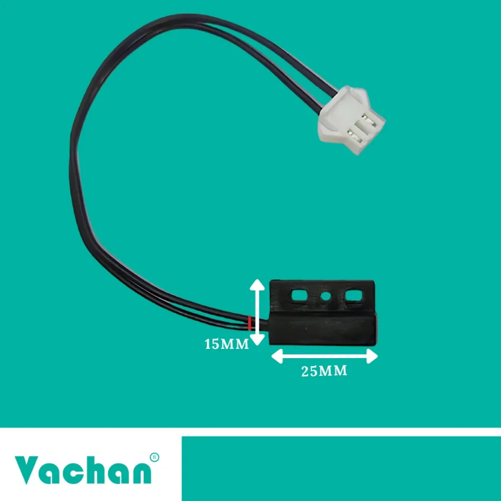 Dimensions of the VFS 114 Flow Sensor showing its compact inline body measuring approximately 25 mm in length and 15 mm in height with an integrated cable connector. This miniature water flow sensor is designed for easy installation in gas geysers, instant water heaters, domestic appliances, and OEM water flow monitoring systems where space-saving installation is important. The compact design allows reliable flow detection while maintaining high switching accuracy. Frequently searched keywords include compact water flow sensor, miniature flow switch, inline flow sensor, gas geyser sensor, water heater sensor, magnetic flow switch, reed switch sensor, liquid flow detector, water circulation sensor, automatic flow sensor, pressure switch sensor, and OEM flow control sensor.