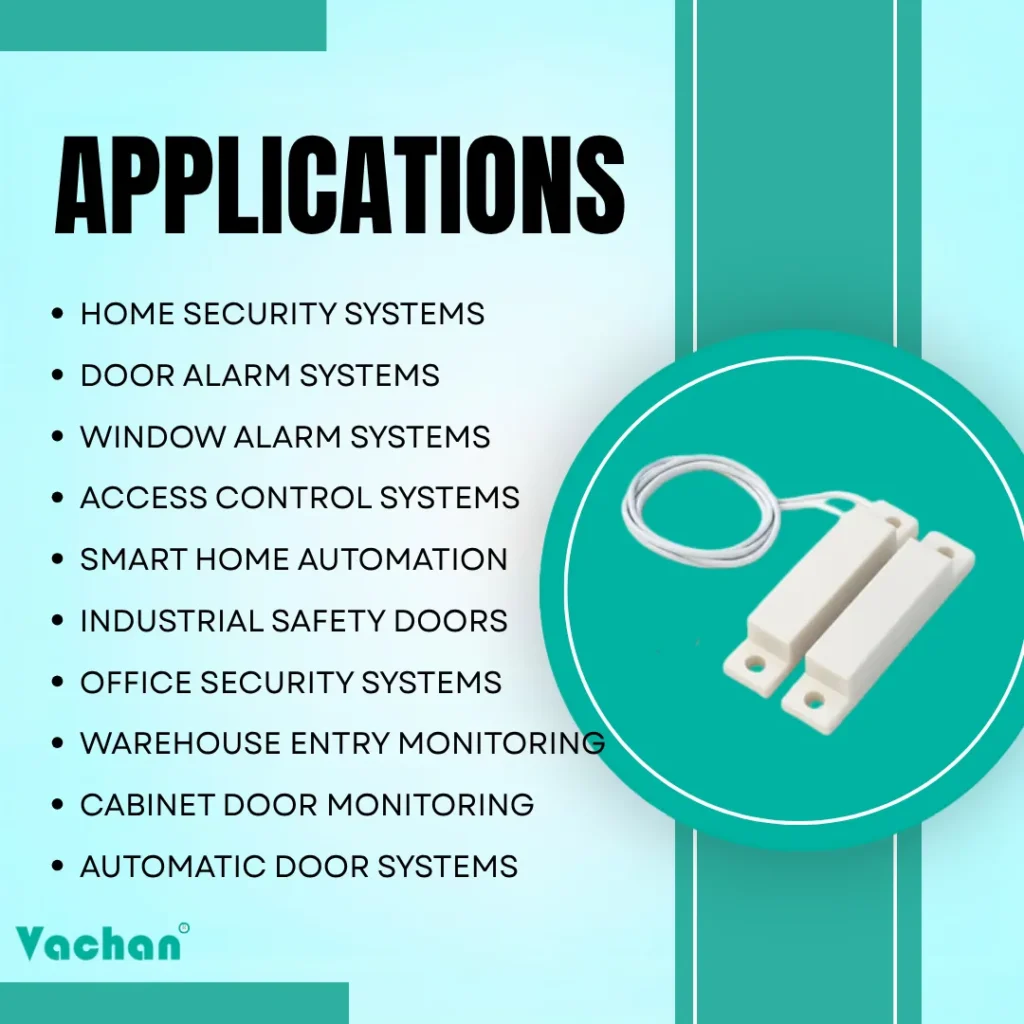 Applications of Vacahn VFS 115 magnetic reed float sensor for home security systems, door alarm systems, window alarm systems, access control systems, smart home automation, industrial safety doors, office security systems, warehouse entry monitoring, cabinet door monitoring, automatic door systems, magnetic contact sensor, magnetic reed switch, door contact sensor, industrial automation sensor, security sensor, proximity sensor, magnetic switch, water level sensor technology, automation control sensor, industrial monitoring solutions, commercial security applications, smart building automation, magnetic detection switch, reliable reed switch sensor, compact magnetic contact switch for residential, commercial, and industrial installations.