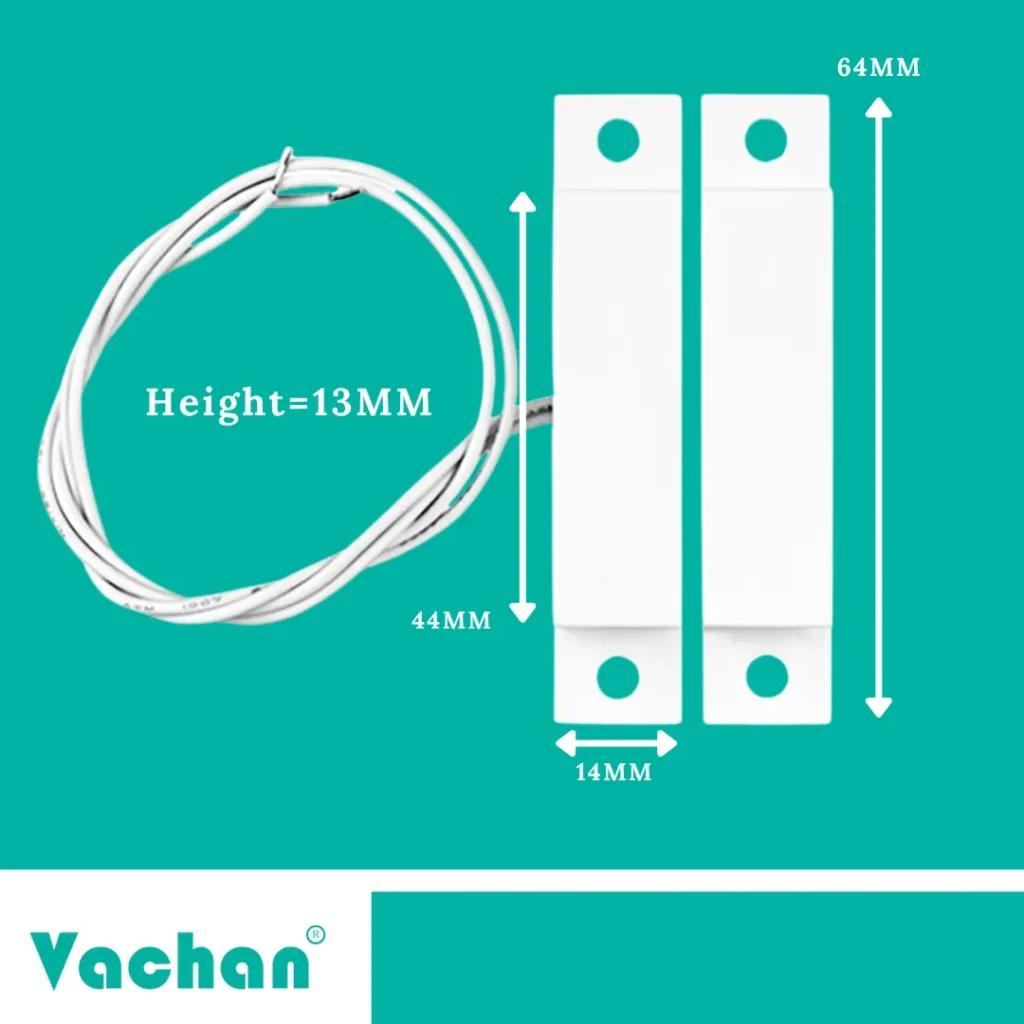 Dimensions of Vacahn VFS 115 magnetic reed float sensor showing 64 mm length, 14 mm width, 13 mm height, compact surface mount water level sensor, magnetic reed switch dimensions, water tank sensor size, liquid level switch dimensions, industrial float sensor measurements, compact magnetic contact switch, automation sensor dimensions, PP housing sensor size, industrial automation component, tank level monitoring sensor, water level controller sensor, magnetic switch dimensions, compact reed switch sensor, OEM sensor dimensions, smart automation sensor, industrial monitoring component, water level detection device designed for accurate installation in residential, commercial, and industrial liquid monitoring applications.