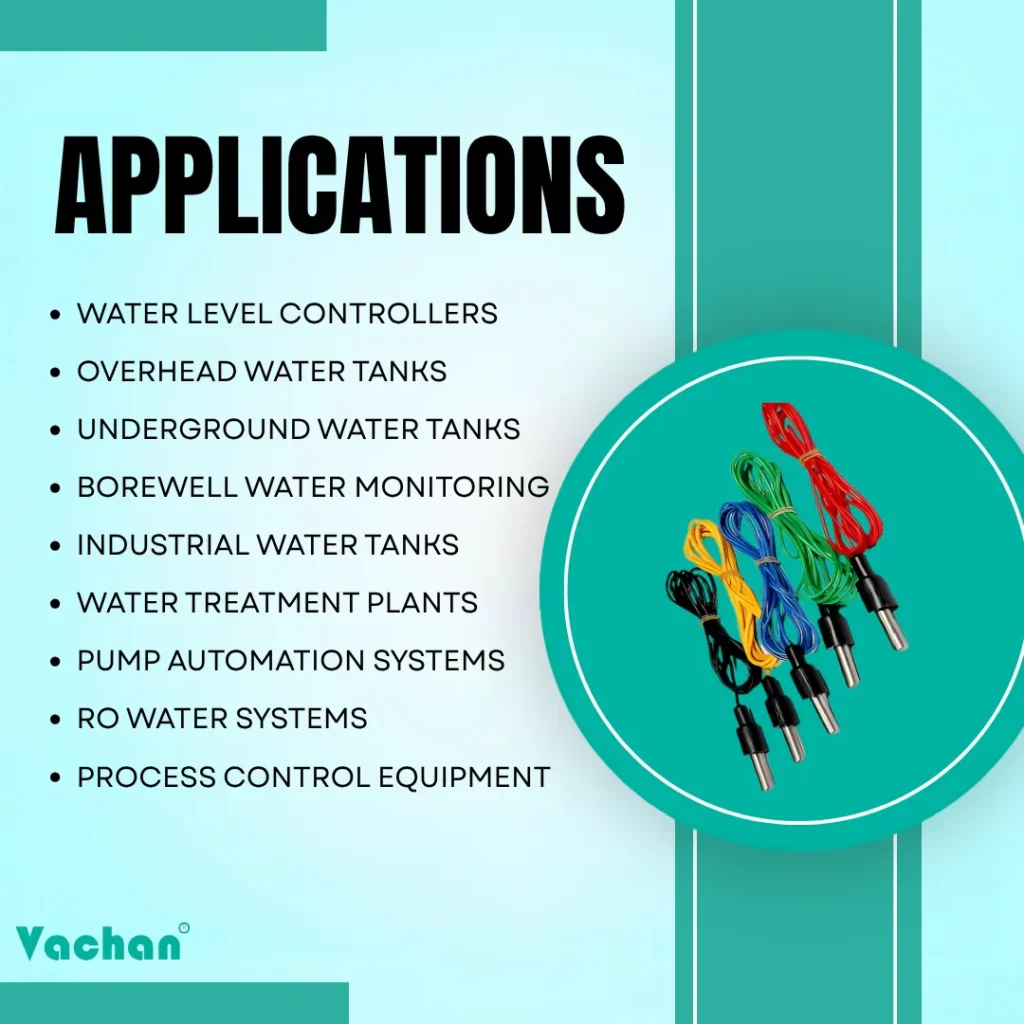 Applications of Vacahn VFS 116 water level sensor for automatic water level controllers, overhead water tanks, underground water tanks, borewell water monitoring, industrial water tanks, water treatment plants, pump automation systems, RO water systems, process control equipment, liquid level monitoring, water tank automation, water level indicator systems, industrial automation, commercial water storage systems, conductive water level sensing, tank level monitoring, water management systems, reservoir monitoring, water pump protection systems, and intelligent water level control applications requiring accurate liquid level detection.