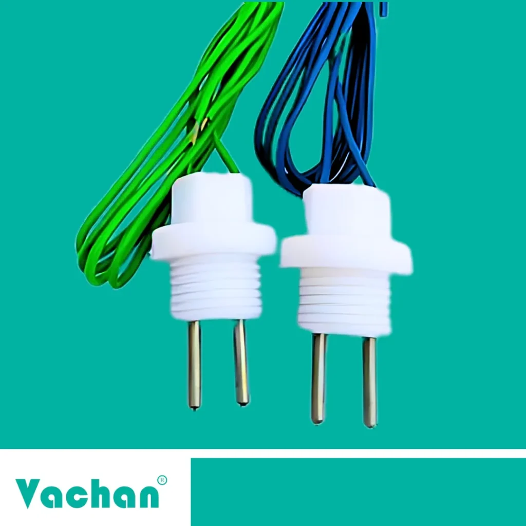 Close-up view of the Vachan VFS 117 dual pin water level sensor showing molded polypropylene threaded housing with dual SS-316 stainless steel electrodes and insulated cable assembly for accurate conductive water level sensing. This compact liquid level sensor is commonly used in automatic water level controllers, water tank monitoring systems, pump control panels, borewell automation, RO water plants, industrial water storage tanks, and process automation equipment. The corrosion-resistant stainless steel sensing pins provide reliable long-term operation in water applications while the threaded design enables secure installation. The VFS 117 sensor is suitable for residential, commercial, industrial, and OEM water level monitoring systems requiring dependable liquid detection.