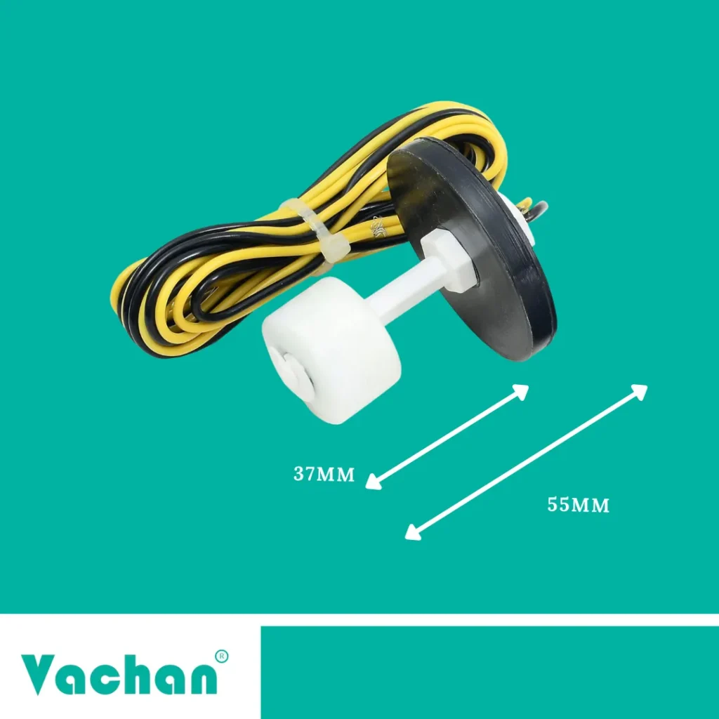 Vachan VFS 120 compact float sensor with approximately 37 mm float length and 55 mm overall mounting dimension, designed for space-saving installation in water tanks, sump tanks, RO systems, and industrial liquid storage applications. This side-mounted water level sensor features a high-buoyancy float, durable polypropylene housing, yellow PVC cable, and reliable normally open contact for automatic water level control. Ideal for automatic pump controllers, overhead tanks, underground reservoirs, cooling water systems, and water treatment plants, the VFS 120 float switch provides accurate water level detection while preventing tank overflow and dry running. Its compact size makes it suitable for installations with limited space without compromising sensing accuracy or long-term durability.
