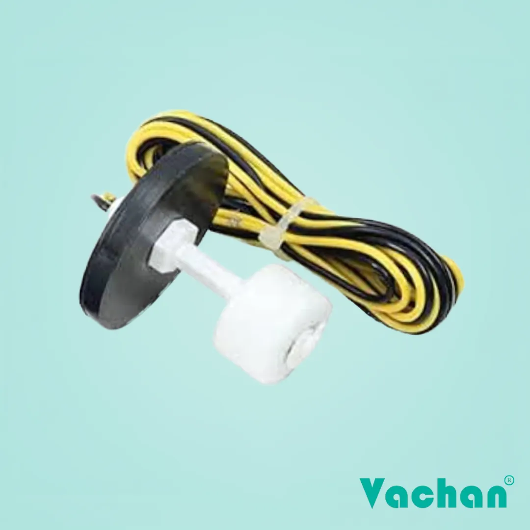 Vachan VFS 120 float sensor water level sensor with durable polypropylene housing, high-buoyancy white float, black mounting flange, and yellow PVC cable for reliable automatic water level control in tanks and reservoirs. This compact side-mounted float switch is designed for overhead water tanks, underground sump tanks, RO systems, water purifiers, industrial water storage tanks, pump control panels, cooling water systems, irrigation systems, and liquid storage applications. The corrosion-resistant construction and leak-proof design ensure dependable operation in demanding environments while providing accurate liquid level detection for automatic pump start and stop functions. Ideal for residential, commercial, agricultural, and industrial water level automation, the VFS 120 float switch helps prevent tank overflow, dry running, and water wastage while delivering long-lasting, maintenance-free performance.
