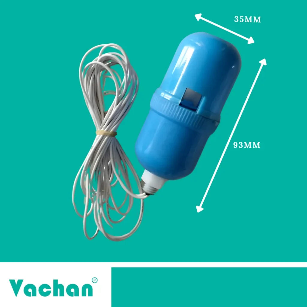 Dimension image of the Vachan VFS 123 Float Sensor showing compact cable float switch design with approximately 93 mm overall length and 35 mm diameter. This polypropylene water level sensor is engineered for accurate liquid level detection in overhead water tanks, underground tanks, sump tanks, sewage tanks, wastewater systems, and industrial storage tanks. The compact size allows easy installation in narrow tanks and confined spaces while maintaining reliable float movement for precise pump control. Suitable for automatic water level controllers, liquid level monitoring systems, borewell automation, industrial process tanks, chemical storage tanks, rainwater harvesting systems, and commercial water management applications. The durable float body and flexible cable ensure consistent switching performance and long operational life.