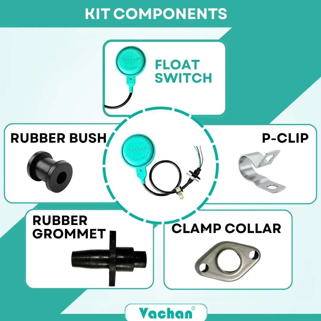 Complete component view of the Vachan Float Switch with Grommet Kit including premium float switch, rubber bush, rubber grommet, clamp collar, and stainless steel P-clip. Each component is manufactured to provide secure cable mounting, waterproof sealing, vibration resistance, and long service life. Designed for automatic water level control in V-Guard, CRI, CGL, and other compatible pumps. Suitable for borewell installations, overhead tanks, underground sumps, agricultural irrigation, commercial buildings, and industrial water pumping systems. Frequently searched Google keywords include float switch kit components, pump float switch spare parts, rubber grommet kit, float switch accessories, automatic water level switch, waterproof float switch, cable clamp kit, submersible pump spare parts, replacement float switch kit, and pump installation accessories.