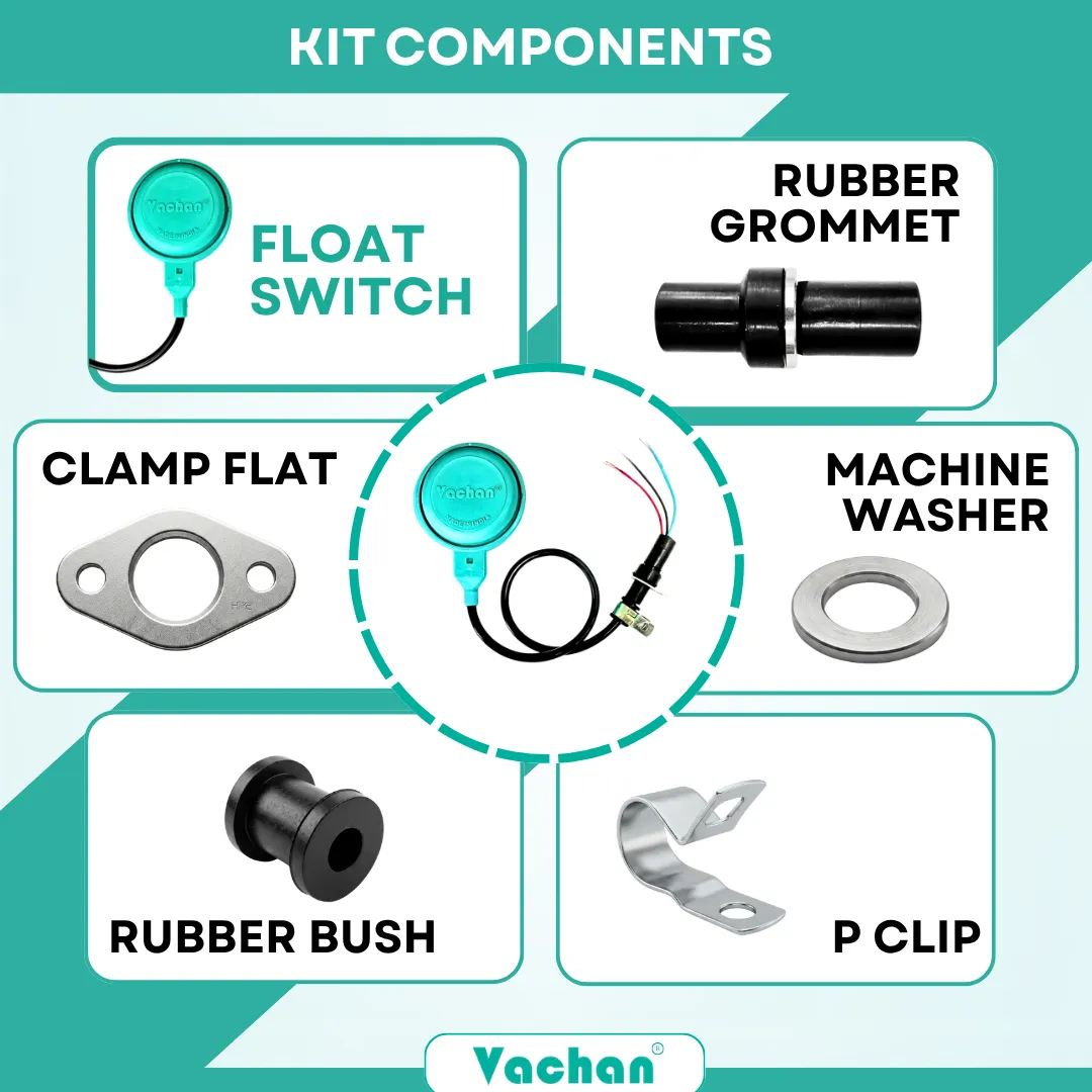 Complete kit components of the Vachan Float Switch with Grommet Kit suitable for Lubi Pumps. The package includes a premium float switch, rubber grommet, clamp flat, machine washer, rubber bush, and stainless steel P-clip for secure mounting and waterproof cable installation. Every component is manufactured for reliable sealing, vibration resistance, corrosion protection, and extended service life. Suitable for automatic water level control in residential, agricultural, commercial, and industrial pumping systems. Popular search keywords include float switch kit components, Lubi pump spare parts, rubber grommet kit, float switch accessories, automatic water level switch, pump installation kit, replacement float switch kit, waterproof cable entry, submersible pump accessories, and float switch replacement.
