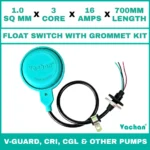 Vachan Float Switch with Grommet Kit for V-Guard, CRI, CGL & Other Pumps featuring a 1.0 sq mm 3 core 16 amps 700 mm cable for automatic water level control. Designed for V-Guard, CRI, CGL & Other Pumps, submersible pumps, dewatering pumps, sump pumps, overhead water tanks, underground tanks, and industrial water management systems, this float switch provides reliable pump automation, overflow protection, dry run prevention, waterproof sealing, and long-lasting performance. Kit Contents are : FLOAT SWITCH WITH RUBBER GROMMET, SS 304 CLAMP COLLAR, RUBBER BUSH & SS 304 PCLIP