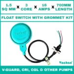Vachan Float Switch with Grommet Kit for V-Guard, CRI, CGL & Other Pumps featuring a 1.5 sq mm 3 core 16 amps 700 mm cable for automatic water level control. Designed for V-Guard, CRI, CGL & Other Pumps, submersible pumps, dewatering pumps, sump pumps, overhead water tanks, underground tanks, and industrial water management systems, this float switch provides reliable pump automation, overflow protection, dry run prevention, waterproof sealing, and long-lasting performance. Kit Contents are : FLOAT SWITCH WITH RUBBER GROMMET, SS 304 CLAMP COLLAR, RUBBER BUSH & SS 304 PCLIP