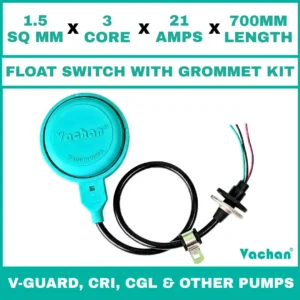 Vachan Float Switch with Grommet Kit for V-Guard, CRI, CGL & Other Pumps featuring a 1.5 sq mm 3 core 21 amps 700 mm cable for automatic water level control. Designed for V-Guard, CRI, CGL & Other Pumps, submersible pumps, dewatering pumps, sump pumps, overhead water tanks, underground tanks, and industrial water management systems, this float switch provides reliable pump automation, overflow protection, dry run prevention, waterproof sealing, and long-lasting performance. Kit Contents are : FLOAT SWITCH WITH RUBBER GROMMET, SS 304 CLAMP COLLAR, RUBBER BUSH & SS 304 PCLIP