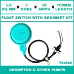 Vachan Float Switch with Grommet Kit for Crompton & Other Pumps featuring a 1.5 sq mm 3 core 16 amps 700 mm cable for automatic water level control. Designed for V-Guard, CRI, CGL & Other Pumps, submersible pumps, dewatering pumps, sump pumps, overhead water tanks, underground tanks, and industrial water management systems, this float switch provides reliable pump automation, overflow protection, dry run prevention, waterproof sealing, and long-lasting performance. Kit Contents are : FLOAT SWITCH WITH RUBBER GROMMET, SS 304 CLAMP COLLAR, RUBBER BUSH & SS 304 PCLIP