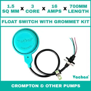 Vachan Float Switch with Grommet Kit for Crompton & Other Pumps featuring a 1.5 sq mm 3 core 16 amps 700 mm cable for automatic water level control. Designed for V-Guard, CRI, CGL & Other Pumps, submersible pumps, dewatering pumps, sump pumps, overhead water tanks, underground tanks, and industrial water management systems, this float switch provides reliable pump automation, overflow protection, dry run prevention, waterproof sealing, and long-lasting performance. Kit Contents are : FLOAT SWITCH WITH RUBBER GROMMET, SS 304 CLAMP COLLAR, RUBBER BUSH & SS 304 PCLIP