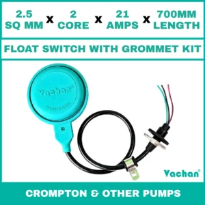 Vachan Float Switch with Grommet Kit for Crompton & Other Pumps featuring a 2.5 sq mm 2 core 21 amps 700 mm cable for automatic water level control. Designed for V-Guard, CRI, CGL & Other Pumps, submersible pumps, dewatering pumps, sump pumps, overhead water tanks, underground tanks, and industrial water management systems, this float switch provides reliable pump automation, overflow protection, dry run prevention, waterproof sealing, and long-lasting performance. Kit Contents are : FLOAT SWITCH WITH RUBBER GROMMET, SS 304 CLAMP COLLAR, RUBBER BUSH & SS 304 PCLIP