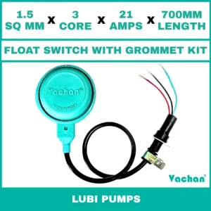 Vachan Float Switch with Grommet Kit for Lubi Pumps featuring a 1.5 sq mm 3 core 21 amp 700 mm cable for automatic water level control. Designed for Lubi submersible pumps, dewatering pumps, sump pumps, overhead water tanks, underground tanks, and industrial water management systems, this float switch provides reliable pump automation, overflow protection, dry run prevention, waterproof sealing, and long-lasting performance. Kit Contents are : FLOAT SWITCH WITH RUBBER GROMMET, SS 304 CLAMP FLAT, RUBBER BUSH, SS 304 PCLIP & SS 304 WASHER