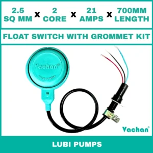 Vachan Float Switch with Grommet Kit for Lubi Pumps featuring a 2.5 sq mm 2 core 21 amp 700 mm cable for automatic water level control. Designed for Lubi submersible pumps, dewatering pumps, sump pumps, overhead water tanks, underground tanks, and industrial water management systems, this float switch provides reliable pump automation, overflow protection, dry run prevention, waterproof sealing, and long-lasting performance. Kit Contents are : FLOAT SWITCH WITH RUBBER GROMMET, SS 304 CLAMP FLAT, RUBBER BUSH, SS 304 PCLIP & SS 304 WASHER