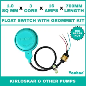 Vachan Float Switch with Grommet Kit for Kirloskar Pumps featuring a 1.0 sq mm 3 core 16 amps 700 mm cable with big brass nut for automatic water level control. Designed for Lubi submersible pumps, dewatering pumps, sump pumps, overhead water tanks, underground tanks, and industrial water management systems, this float switch provides reliable pump automation, overflow protection, dry run prevention, waterproof sealing, and long-lasting performance. Kit Contents are : FLOAT SWITCH WITH BRASS NUT BIG, RUBBER GROMMET, RUBBER BUSH, SS 304 PCLIP