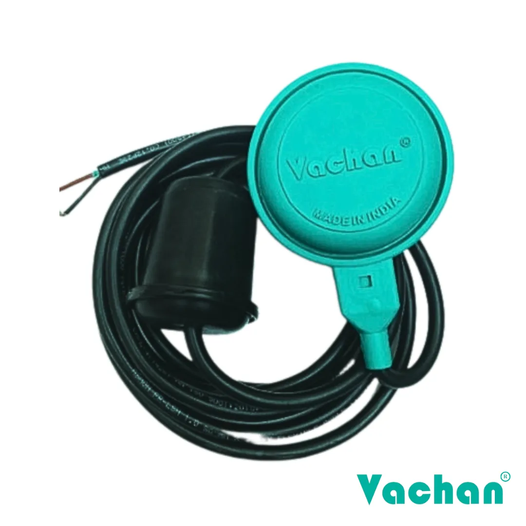 Vachan Float Switch With Counter Weight for automatic water level control in overhead tanks, underground tanks, sump tanks, borewell systems, industrial water storage tanks, sewage systems, and commercial pumping applications. This high-quality float switch provides automatic pump operation, overflow protection, dry run prevention, reliable water level sensing, and long service life.
