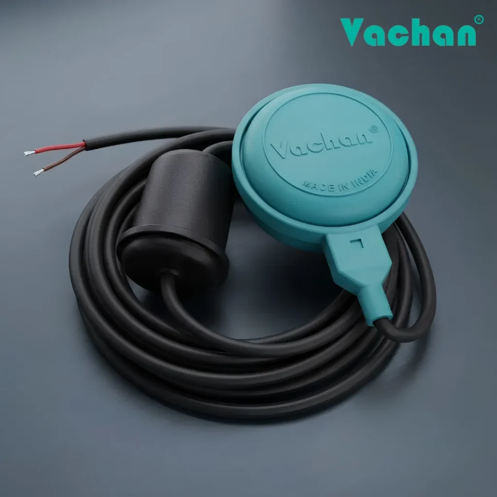 Vachan Float Switch with Counter Weight for automatic water level control featuring a heavy-duty electro-grade copper cable, durable counter weight, and waterproof IP68-rated construction. Designed for overhead water tanks, underground tanks, sump tanks, borewell pumps, submersible pumps, industrial water tanks, sewage treatment plants, wastewater systems, and commercial water management applications, this float switch automatically controls pump operation, prevents tank overflow, protects against dry running, and ensures reliable long-term performance.