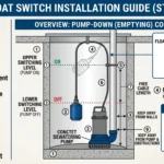 Detailed step-by-step installation diagram for a Vachan float switch on a dewatering pump, showing high and low switching levels, clearance distances, and NO/NC control panel wiring configuration.
