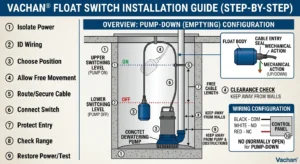 Detailed step-by-step installation diagram for a Vachan float switch on a dewatering pump, showing high and low switching levels, clearance distances, and NO/NC control panel wiring configuration.