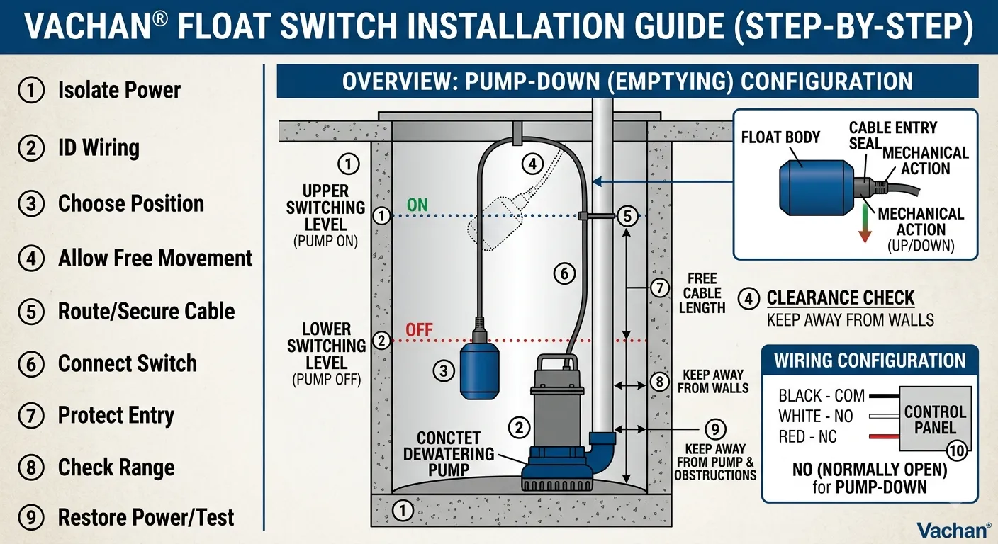 Detailed step-by-step installation diagram for a Vachan float switch on a dewatering pump, showing high and low switching levels, clearance distances, and NO/NC control panel wiring configuration.